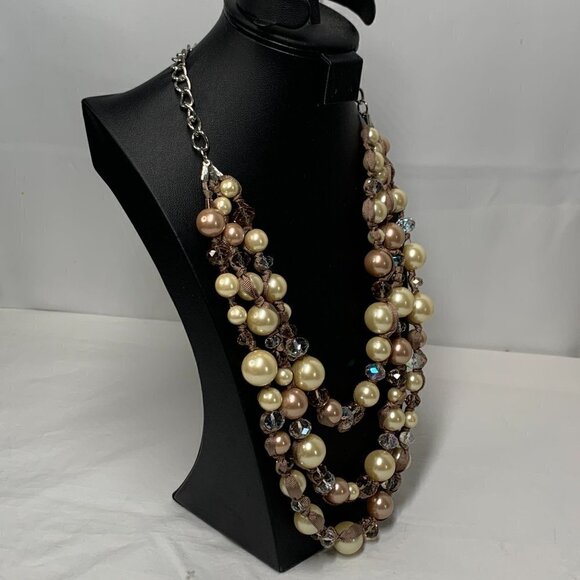 Triple Strand Faux Pearl, Crystal Bead & Ribbon Necklace - Ivory/Pink - Picture 4 of 12